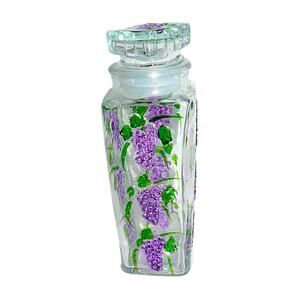 Handpainted Clear Glass Square Canister Jar w Lid Purple Grapes Green Leaves Vtg